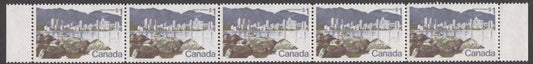 Canada #600/600iv (SG#707) $1 Vancouver 1972-1978 Caricature Issue Short $ Flaw and Dot After Postes Se-Tenant Strip of 5 Paper Type 8 VF-80 NH Brixton Chrome 