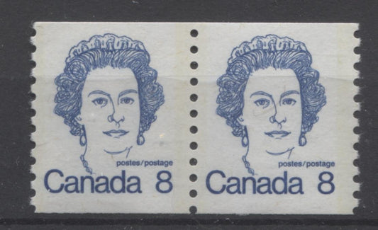 Canada #604 (SG#710) 8c Royal Blue Queen Elizabeth II 1972-1978 Caricature Issue Coil Pair LF Paper Ghost Tag Bar On Back F-70 NH Brixton Chrome 
