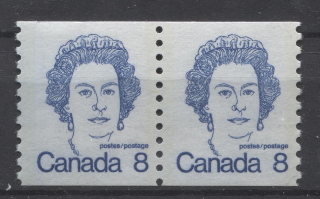 Canada #604 (SG#710) 8c Royal Blue Queen Elizabeth II 1972-1978 Caricature Issue Coil Pair LF Paper Ghost Tag Bar On Back VF-75 NH Brixton Chrome 