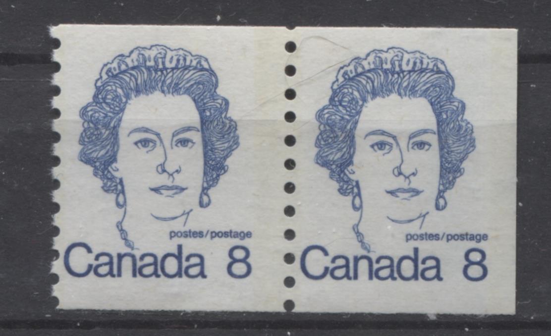 Canada #604 (SG#710) 8c Royal Blue Queen Elizabeth II 1972-1978 Caricature Issue Coil Pair LF Paper Type 2 F-65 NH Brixton Chrome 
