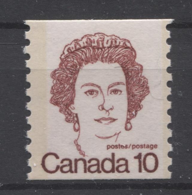 Canada #605iii (SG#711) 10c Dark Carmine Queen Elizabeth II 1972-1978 Caricature Issue Coil NF Paper Ghost Tag Bar On Back VF-75 NH Brixton Chrome 