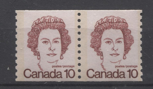 Canada #605iii (SG#711) 10c Dark Carmine Queen Elizabeth II 1972-1978 Caricature Issue Coil Pair Ghost Tag Bars On Back F-70 NH Brixton Chrome 