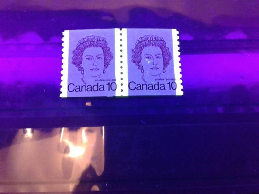 Canada #605iii (SG#711) 10c Dark Carmine Queen Elizabeth II 1972-1978 Caricature Issue Coil Pair Tag Blotches On Face VF-80 NH Brixton Chrome 