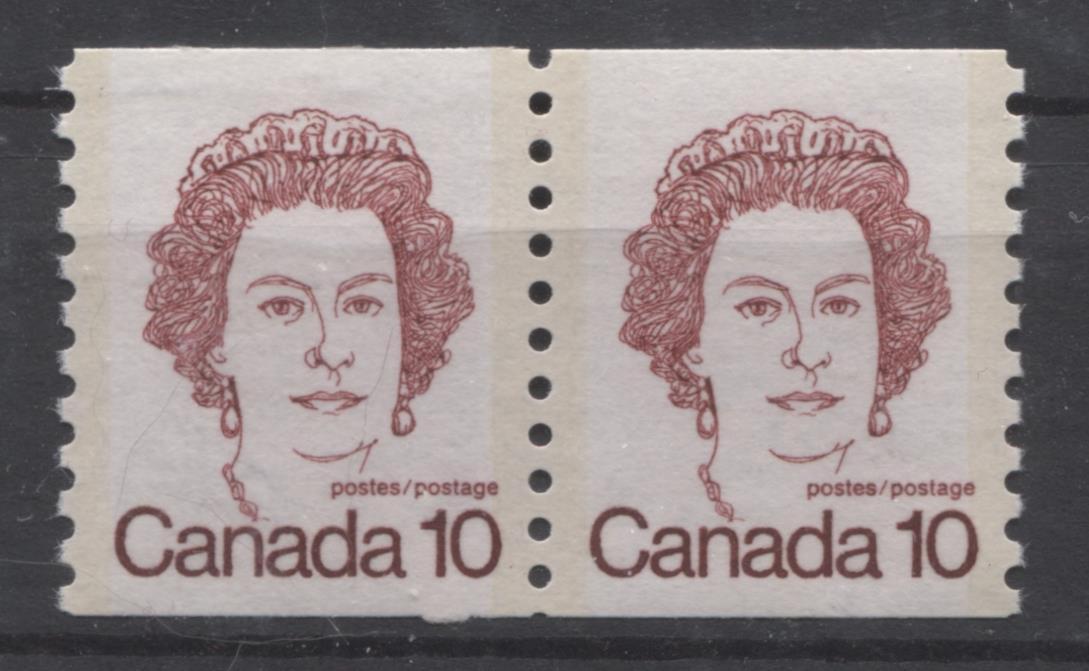 Canada #605iii (SG#711) 10c Dark Carmine Queen Elizabeth II 1972-1978 Caricature Issue Coil Pair Tag Blotches On Face VF-80 NH Brixton Chrome 