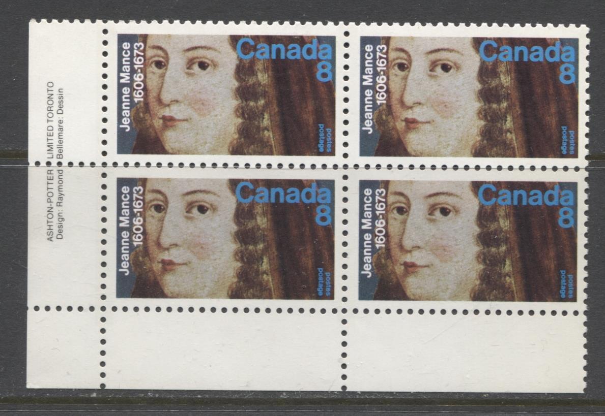 Canada #615 (SG#754) 1973 8c Jeanne Mance Death Tercentenary Issue LL Inscription Block LF/MF-fl, HB-VF Paper VF-80 NH Brixton Chrome 