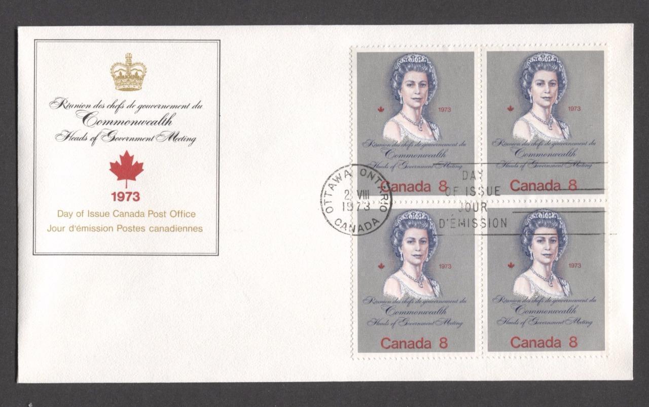 Canada #620i (SG#759a) 8c Multicoloured Queen Elizabeth II 1973 Royal Visit Issue "HB" Paper Block of 4 on FDC SUP-98 Brixton Chrome 