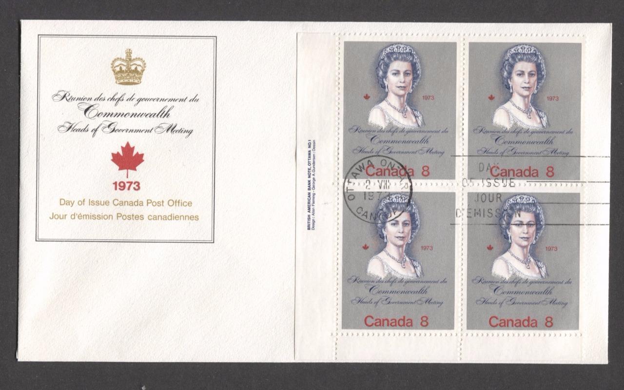 Canada #620i (SG#759a) 8c Multicoloured Queen Elizabeth II 1973 Royal Visit Issue "HB" Paper LL Plate Block of 4 on FDC SUP-97 Brixton Chrome 