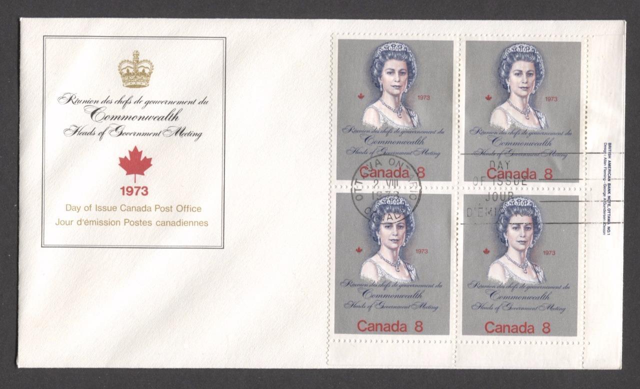 Canada #620i (SG#759a) 8c Multicoloured Queen Elizabeth II 1973 Royal Visit Issue "HB" Paper LR Plate Block of 4 on FDC SUP-98 Brixton Chrome 