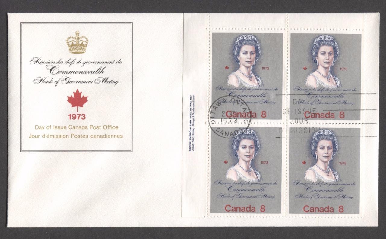 Canada #620i (SG#759a) 8c Multicoloured Queen Elizabeth II 1973 Royal Visit Issue "HB" Paper UL Plate Block of 4 on FDC SUP-97 Brixton Chrome 