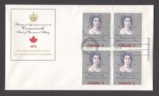 Canada #620i (SG#759a) 8c Multicoloured Queen Elizabeth II 1973 Royal Visit Issue "HB" Paper UR Plate Block of 4 on FDC VF-75 Brixton Chrome 