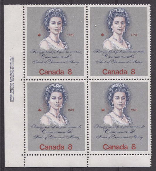 Canada #620i (SG#759a) 8c Multicoloured Queen Elizabeth II 1973 Royal Visit Issue Scarce "Hibrite" Paper Type 1 LL Block VF-80 NH Brixton Chrome 