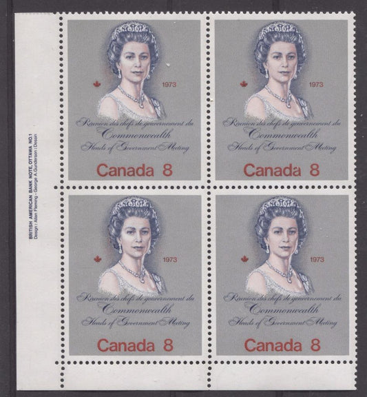 Canada #620i (SG#759a) 8c Multicoloured Queen Elizabeth II 1973 Royal Visit Issue Scarce "Hibrite" Paper Type 1 LL Block VF-84 NH Brixton Chrome 