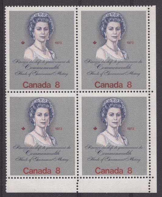 Canada #620i (SG#759a) 8c Multicoloured Queen Elizabeth II 1973 Royal Visit Issue Scarce "Hibrite" Paper Type 1 LR Block F-70 NH Brixton Chrome 