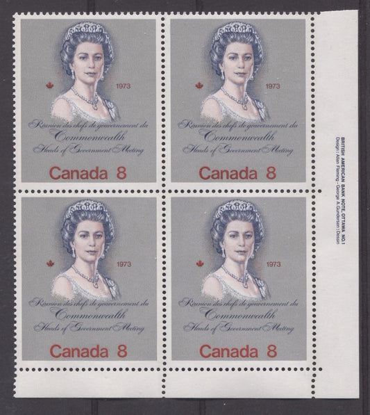 Canada #620i (SG#759a) 8c Multicoloured Queen Elizabeth II 1973 Royal Visit Issue Scarce "Hibrite" Paper Type 1 LR Block VF-75 NH Brixton Chrome 