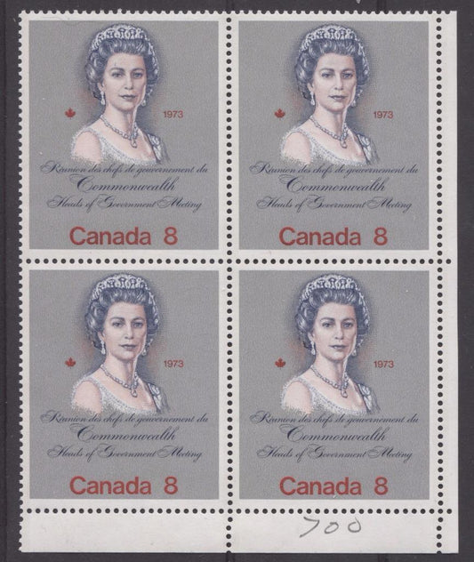 Canada #620i (SG#759a) 8c Multicoloured Queen Elizabeth II 1973 Royal Visit Issue Scarce "Hibrite" Paper Type 1 LR Block VF-80 NH Brixton Chrome 