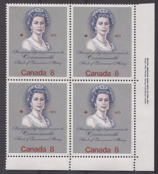 Canada #620i (SG#759a) 8c Multicoloured Queen Elizabeth II 1973 Royal Visit Issue Scarce "Hibrite" Paper Type 1 LR Block VF-80 NH Brixton Chrome 