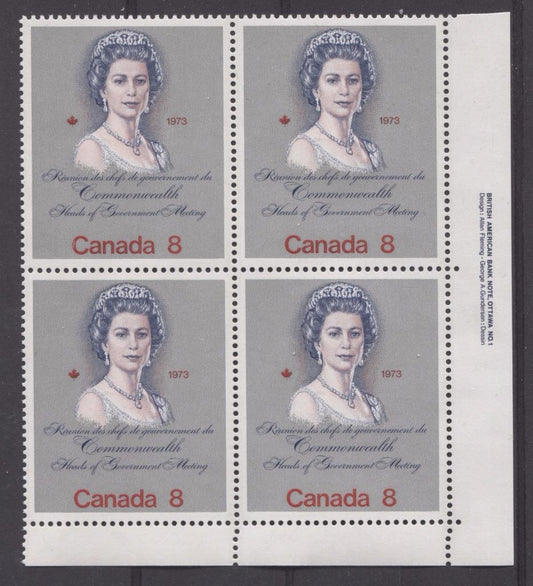 Canada #620i (SG#759a) 8c Multicoloured Queen Elizabeth II 1973 Royal Visit Issue Scarce "Hibrite" Paper Type 1 LR Block VF-84 NH Brixton Chrome 