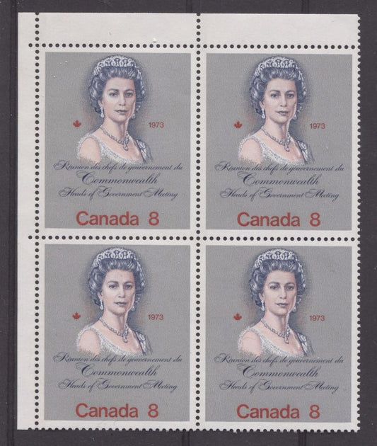 Canada #620i (SG#759a) 8c Multicoloured Queen Elizabeth II 1973 Royal Visit Issue Scarce "Hibrite" Paper Type 1 UL Block VF-80 NH Brixton Chrome 