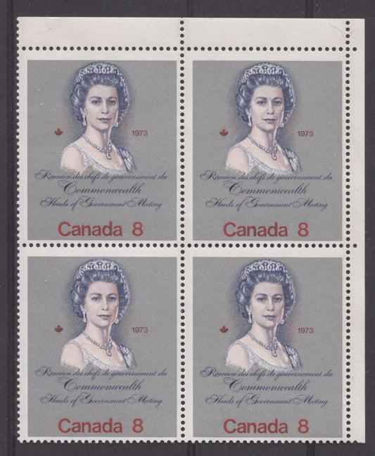 Canada #620i (SG#759a) 8c Multicoloured Queen Elizabeth II 1973 Royal Visit Issue Scarce "Hibrite" Paper Type 1 UR Block F-65 NH Brixton Chrome 