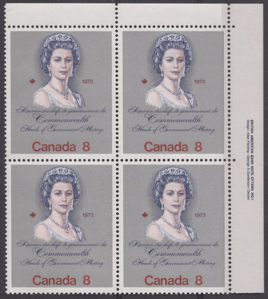 Canada #620i (SG#759a) 8c Multicoloured Queen Elizabeth II 1973 Royal Visit Issue Scarce "Hibrite" Paper Type 1 UR Block VF-75 NH Brixton Chrome 