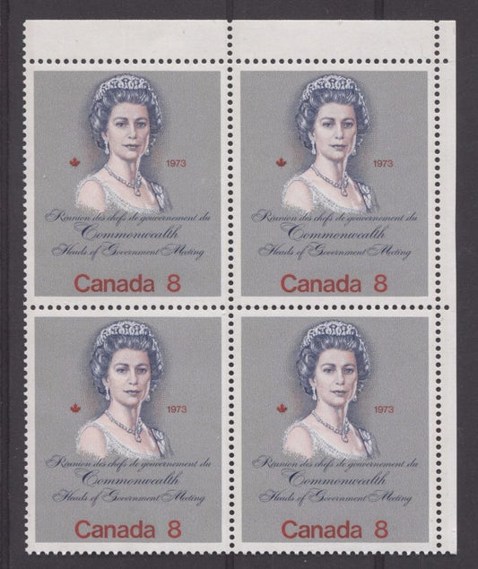 Canada #620i (SG#759a) 8c Multicoloured Queen Elizabeth II 1973 Royal Visit Issue Scarce "Hibrite" Paper Type 1 UR Block VF-80 NH Brixton Chrome 