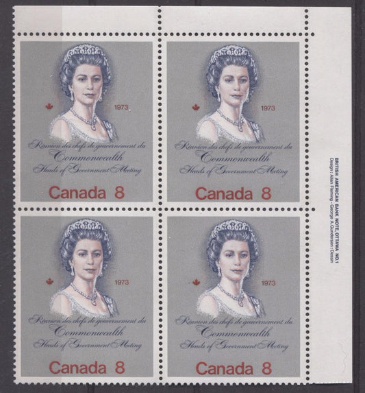 Canada #620i (SG#759a) 8c Multicoloured Queen Elizabeth II 1973 Royal Visit Issue Scarce "Hibrite" Paper Type 1 UR Block VF-84 NH Brixton Chrome 