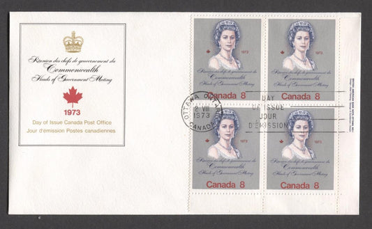 Canada #620ii (SG#759) 8c Multicoloured Queen Elizabeth II 1973 Royal Visit Issue - "F" Paper LR Plate Block on FDC SUP-97 Brixton Chrome 