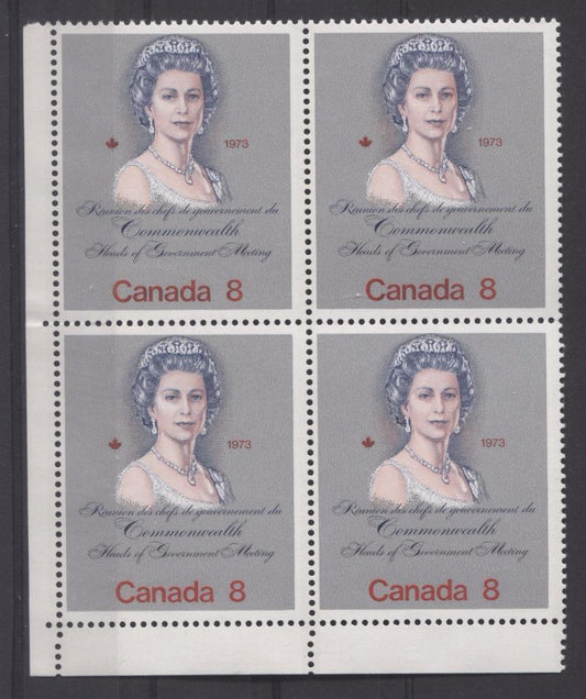 Canada #620ii (SG#759) 8c Multicoloured Queen Elizabeth II 1973 Royal Visit Issue "F" Paper Type 10 UL Block, Deep Pink Face F-70 NH Brixton Chrome 