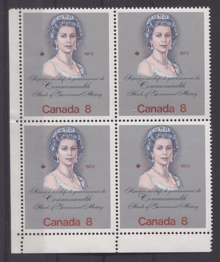 Canada #620ii (SG#759) 8c Multicoloured Queen Elizabeth II 1973 Royal Visit Issue "F" Paper Type 10 UL Block, Deep Pink Face F-70 NH Brixton Chrome 