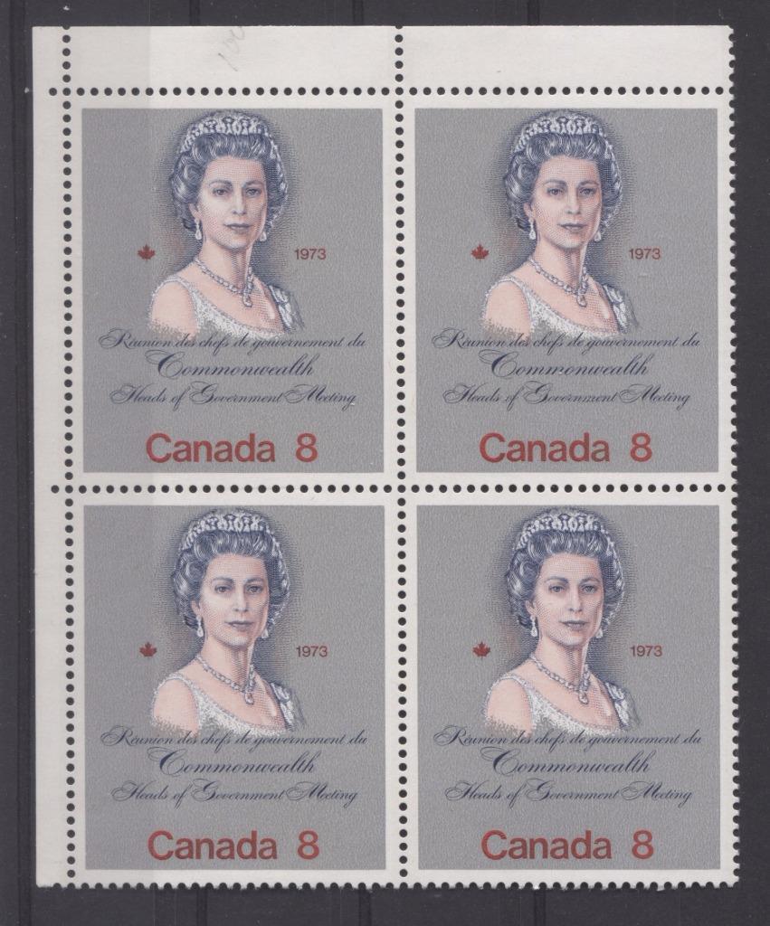 Canada #620ii (SG#759) 8c Multicoloured Queen Elizabeth II 1973 Royal Visit Issue "F" Paper Type 10 UL Block, Deep Pink Face VF-80 NH Brixton Chrome 