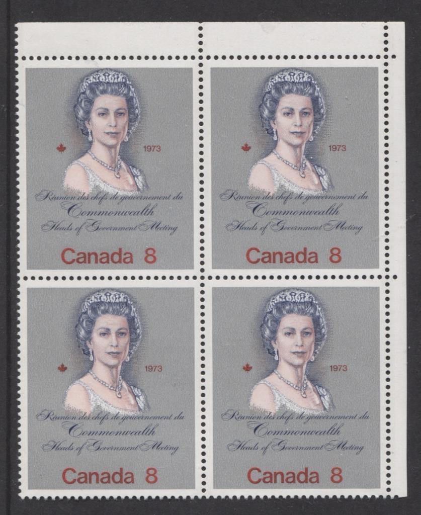 Canada #620ii (SG#759) 8c Multicoloured Queen Elizabeth II 1973 Royal Visit Issue "F" Paper Type 10 UR Block, Deep Pink Face VF-80 NH Brixton Chrome 