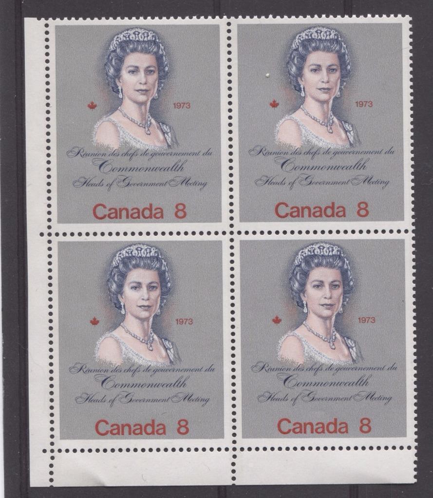 Canada #620ii (SG#759) 8c Multicoloured Queen Elizabeth II 1973 Royal Visit Issue "F" Paper Type 2 LL Block Deep Pink Face VF-75 NH Brixton Chrome 