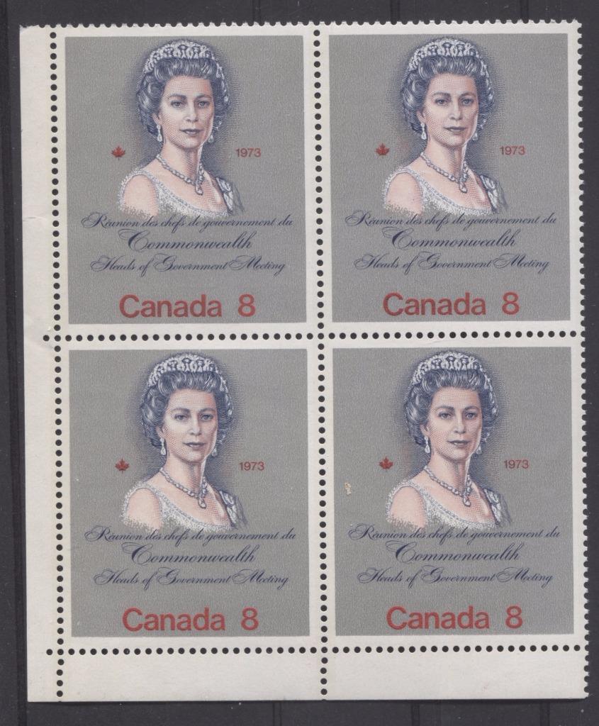 Canada #620ii (SG#759) 8c Multicoloured Queen Elizabeth II 1973 Royal Visit Issue "F" Paper Type 2 LL Block Deep Pink Face VF-80 NH Brixton Chrome 