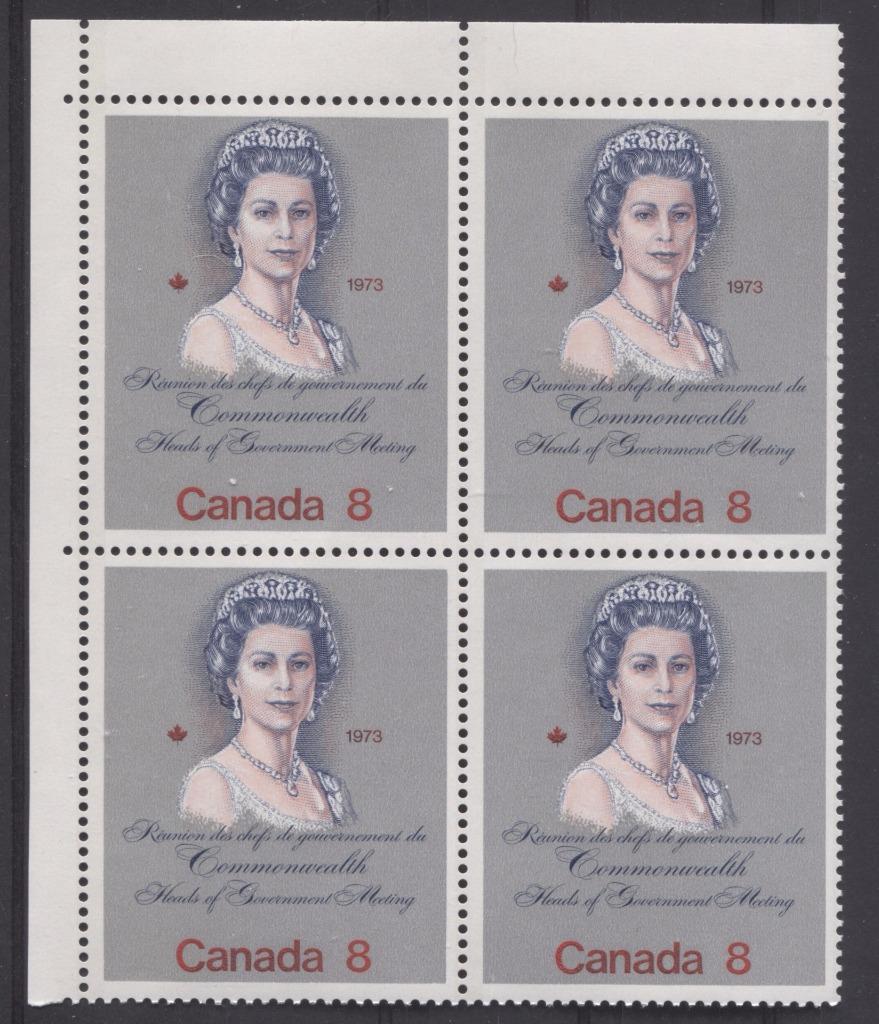 Canada #620ii (SG#759) 8c Multicoloured Queen Elizabeth II 1973 Royal Visit Issue "F" Paper Type 2 UL Block F-70 NH Brixton Chrome 