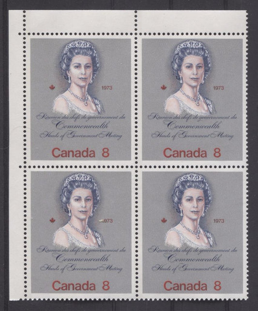 Canada #620ii (SG#759) 8c Multicoloured Queen Elizabeth II 1973 Royal Visit Issue "F" Paper Type 9 UL Block Deep Pink VF-75 NH Brixton Chrome 