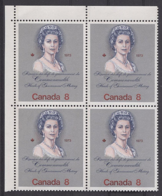 Canada #620ii (SG#759) 8c Multicoloured Queen Elizabeth II 1973 Royal Visit Issue "F" Paper Type 9 UL Block VF-80 NH Brixton Chrome 