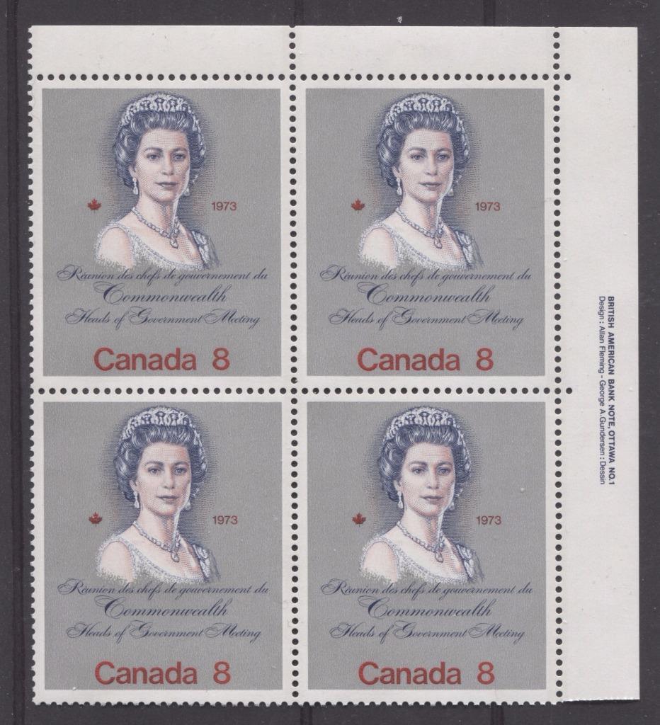 Canada #620ii (SG#759) 8c Multicoloured Queen Elizabeth II 1973 Royal Visit Issue "F" Paper Type 9 UR Block VF-80 NH Brixton Chrome 