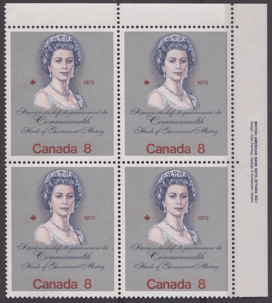 Canada #620ii (SG#759) 8c Multicoloured Queen Elizabeth II 1973 Royal Visit Issue Unlisted "MF" Paper Type 1 LR Block VF-75 NH Brixton Chrome 