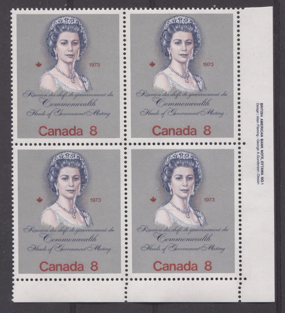 Canada #620ii (SG#759) 8c Multicoloured Queen Elizabeth II 1973 Royal Visit Issue Unlisted "MF" Paper Type 1 LR Block VF-84 NH Brixton Chrome 
