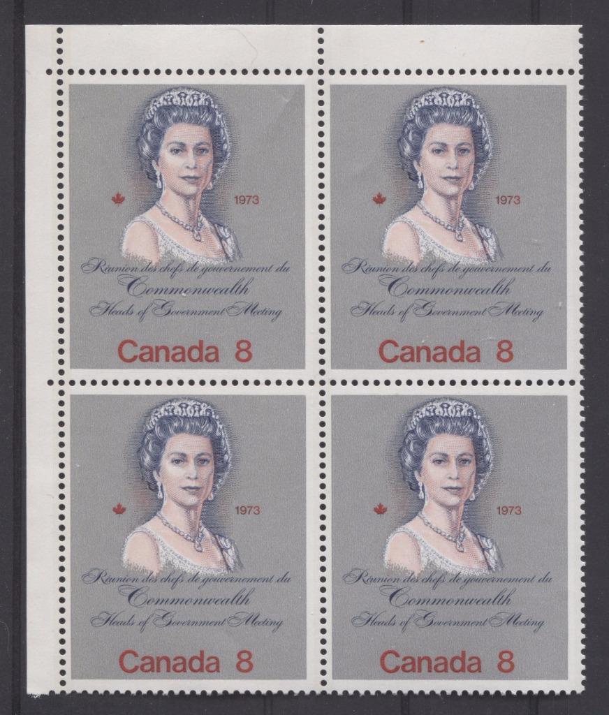 Canada #620ii (SG#759) 8c Multicoloured Queen Elizabeth II 1973 Royal Visit Issue Unlisted "MF" Paper Type 1 UL Block F-65 NH Brixton Chrome 