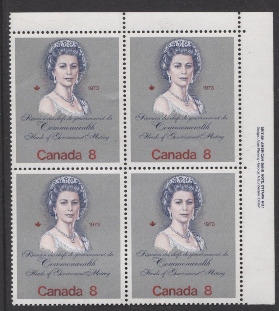 Canada #620ii (SG#759) 8c Multicoloured Queen Elizabeth II 1973 Royal Visit Issue Unlisted "MF" Paper Type 1 UR Block VF-80 NH Brixton Chrome 