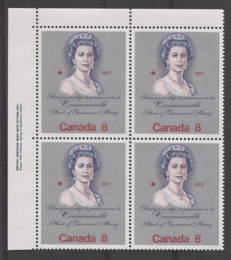 Canada #620ii (SG#759) 8c Multicoloured Queen Elizabeth II 1973 Royal Visit Issue Unlisted "MF" Paper Type 8 UL Block VF-80 NH Brixton Chrome 