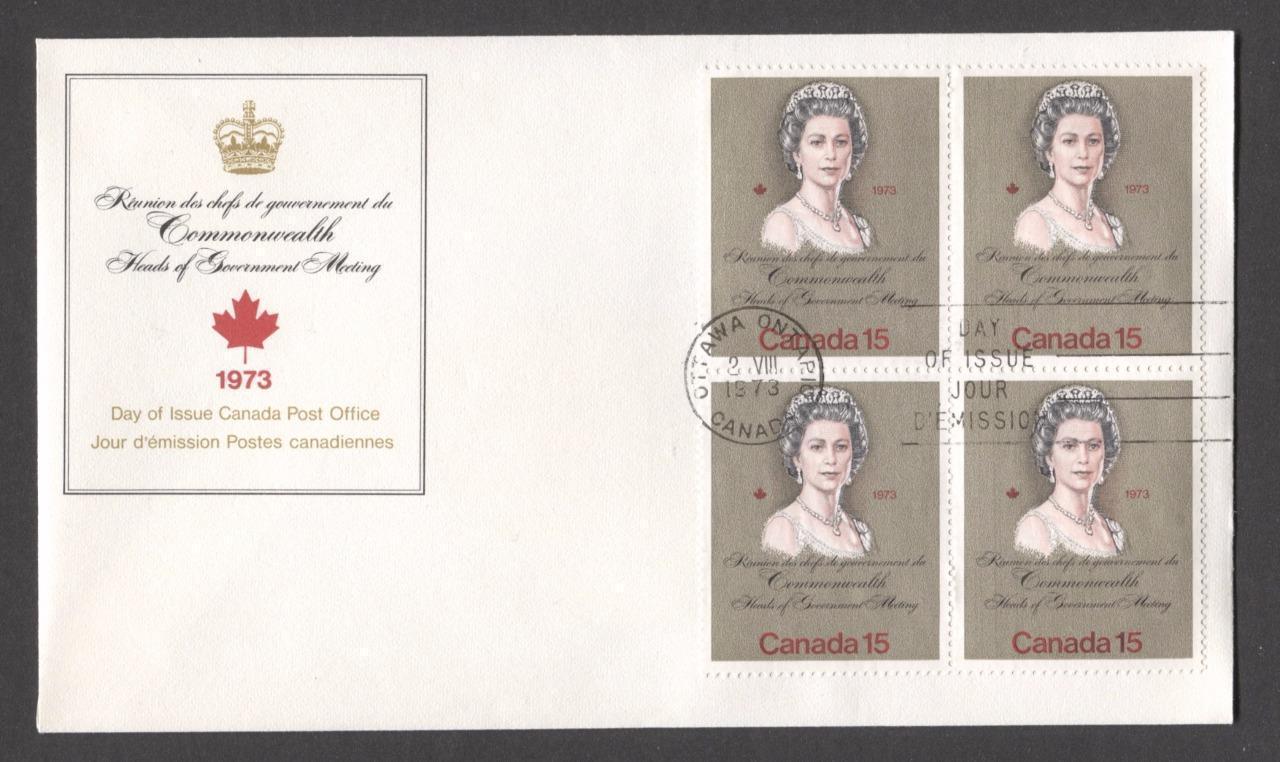 Canada #621ii (SG#760) 15c Multicoloured Queen Elizabeth II 1973 Royal Visit Issue "F" Paper Block of 4 on FDC SUP-98 Brixton Chrome 