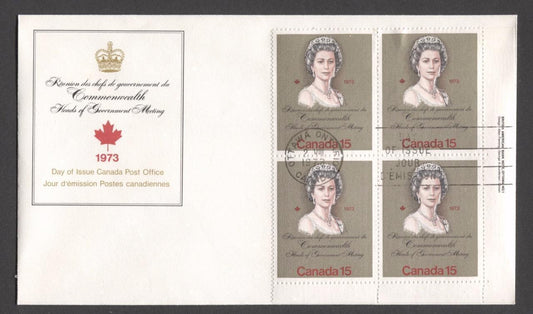 Canada #621ii (SG#760) 15c Multicoloured Queen Elizabeth II 1973 Royal Visit Issue "F" Paper LR Plate Block on FDC SUP-98 Brixton Chrome 