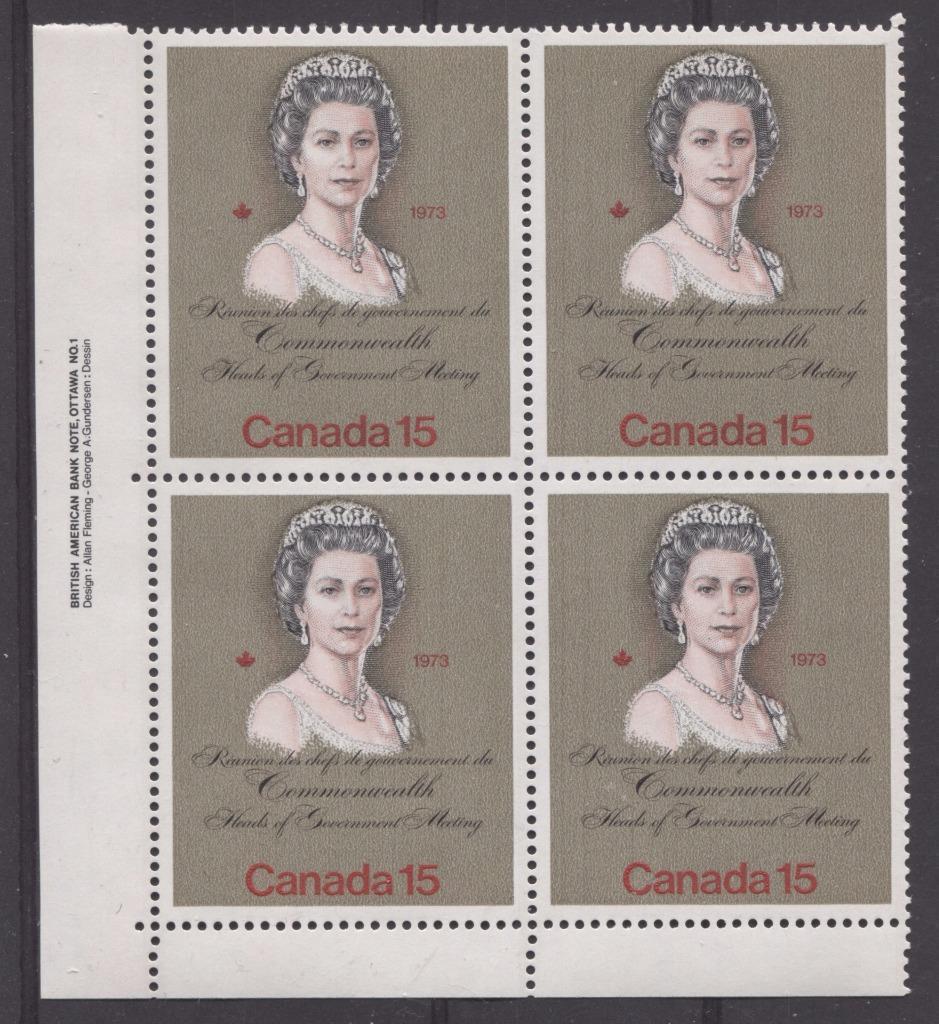 Canada #621ii (SG#760) 15c Multicoloured Queen Elizabeth II 1973 Royal Visit Issue "F" Paper Type 2 LL Plate Block VF-80 NH Brixton Chrome 