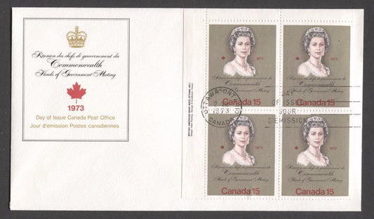 Canada #621ii (SG#760) 15c Multicoloured Queen Elizabeth II 1973 Royal Visit Issue "F" Paper UL Plate Block on FDC SUP-98 Brixton Chrome 