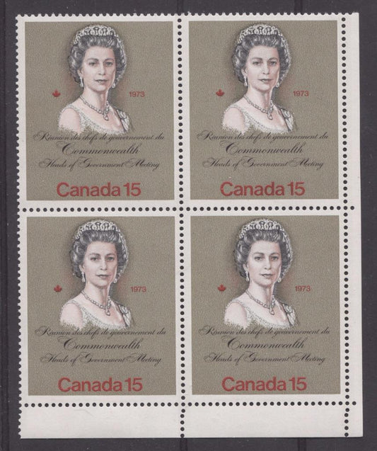 Canada #621iii (SG#760) 15c Multicoloured Queen Elizabeth II 1973 Royal Visit Issue"MF" Paper Type 2 LR Blank Block VF-75 NH Brixton Chrome 