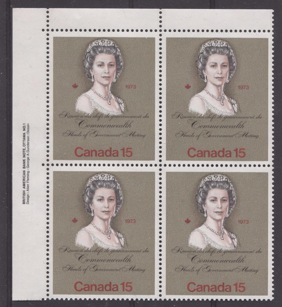 Canada #621iii (SG#760) 15c Multicoloured Queen Elizabeth II 1973 Royal Visit Issue"MF" Paper Type 2 UL Plate Block VF-75 NH Brixton Chrome 