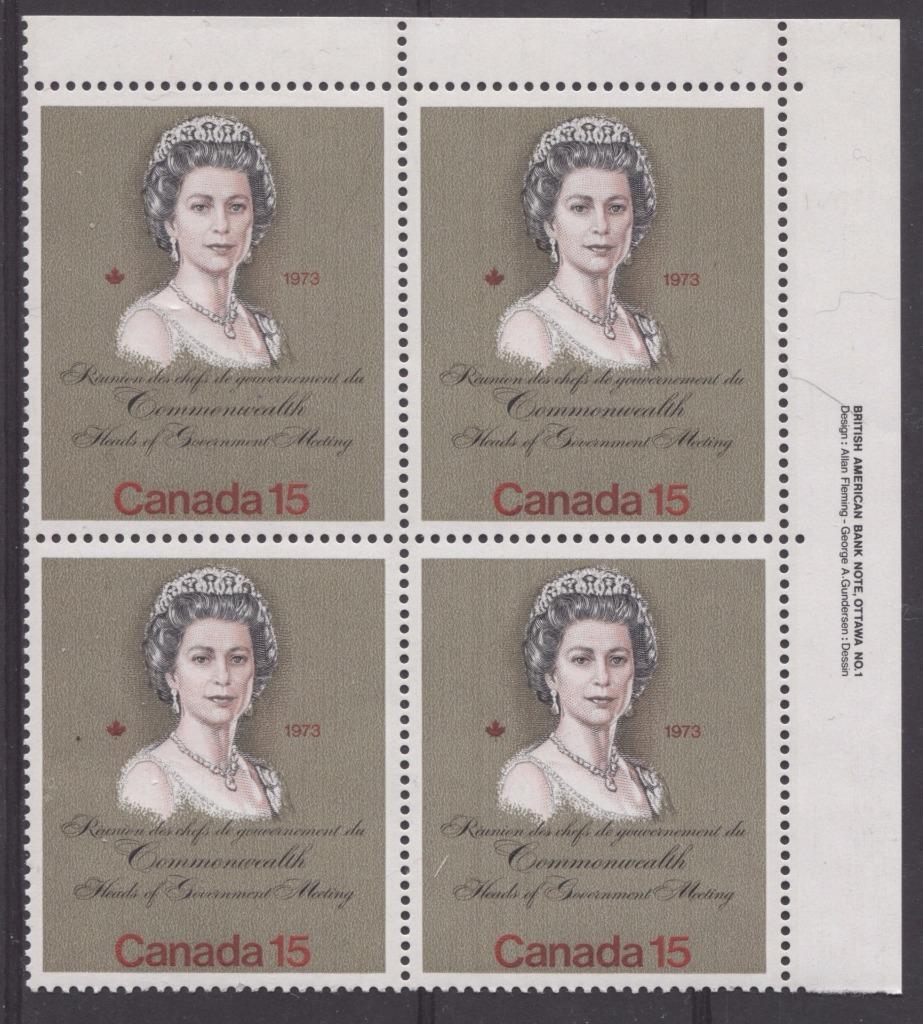 Canada #621iii (SG#760) 15c Multicoloured Queen Elizabeth II 1973 Royal Visit Issue"MF" Paper Type 2 UR Plate Block VF-80 NH Brixton Chrome 