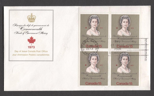 Canada #621iii (SG#760) 15c Multicoloured Queen Elizabeth II 1973 Royal Visit Issue"MF" Paper UR Plate Block on FDC F-67 Brixton Chrome 
